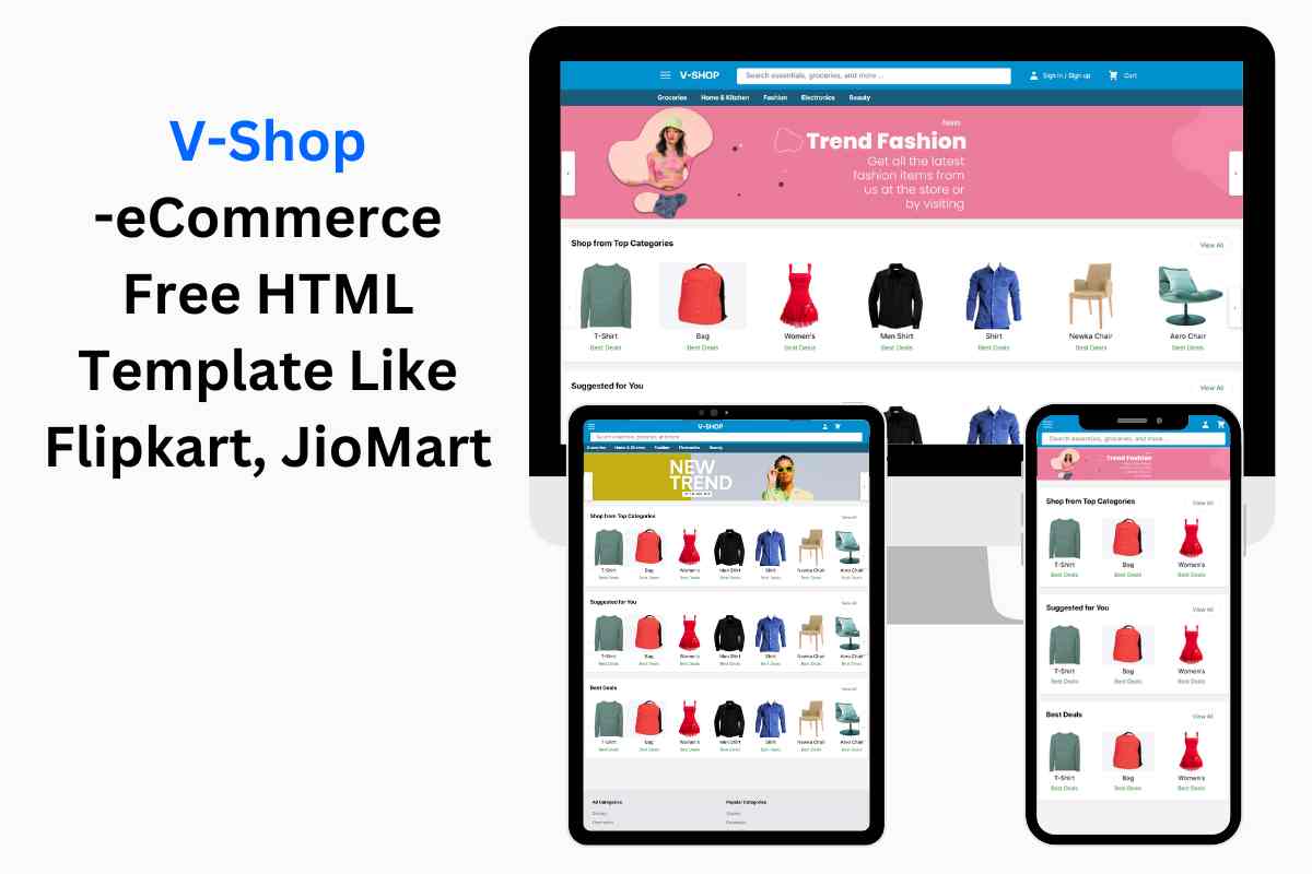 V-Shop - eCommerce Free HTML Template Like Flipkart, JioMart Using Tailwindcss